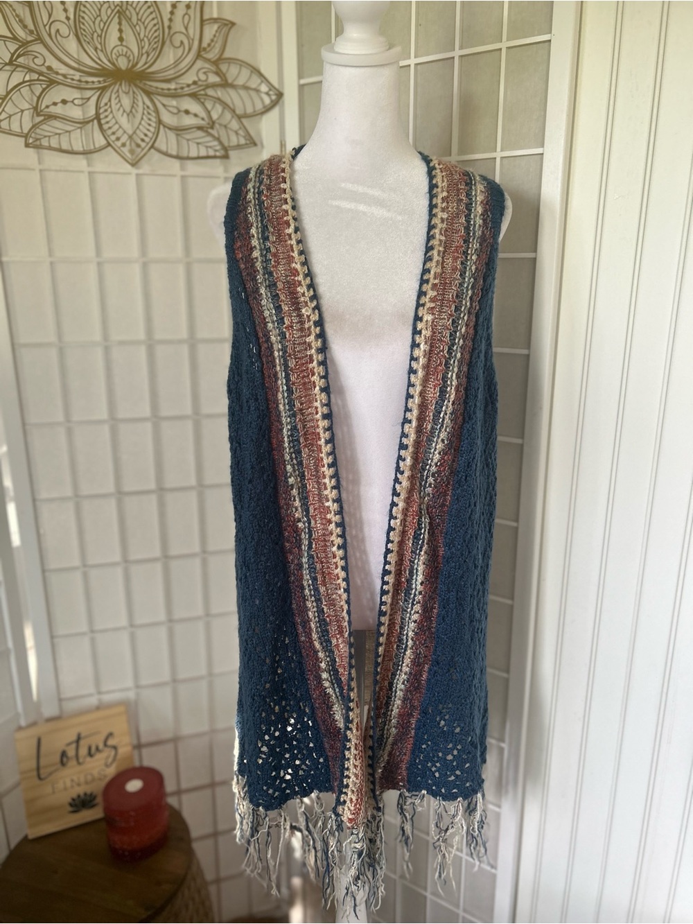 Forever 21 Boho Fringed Sleeveless Knit Kimono Vest S/M